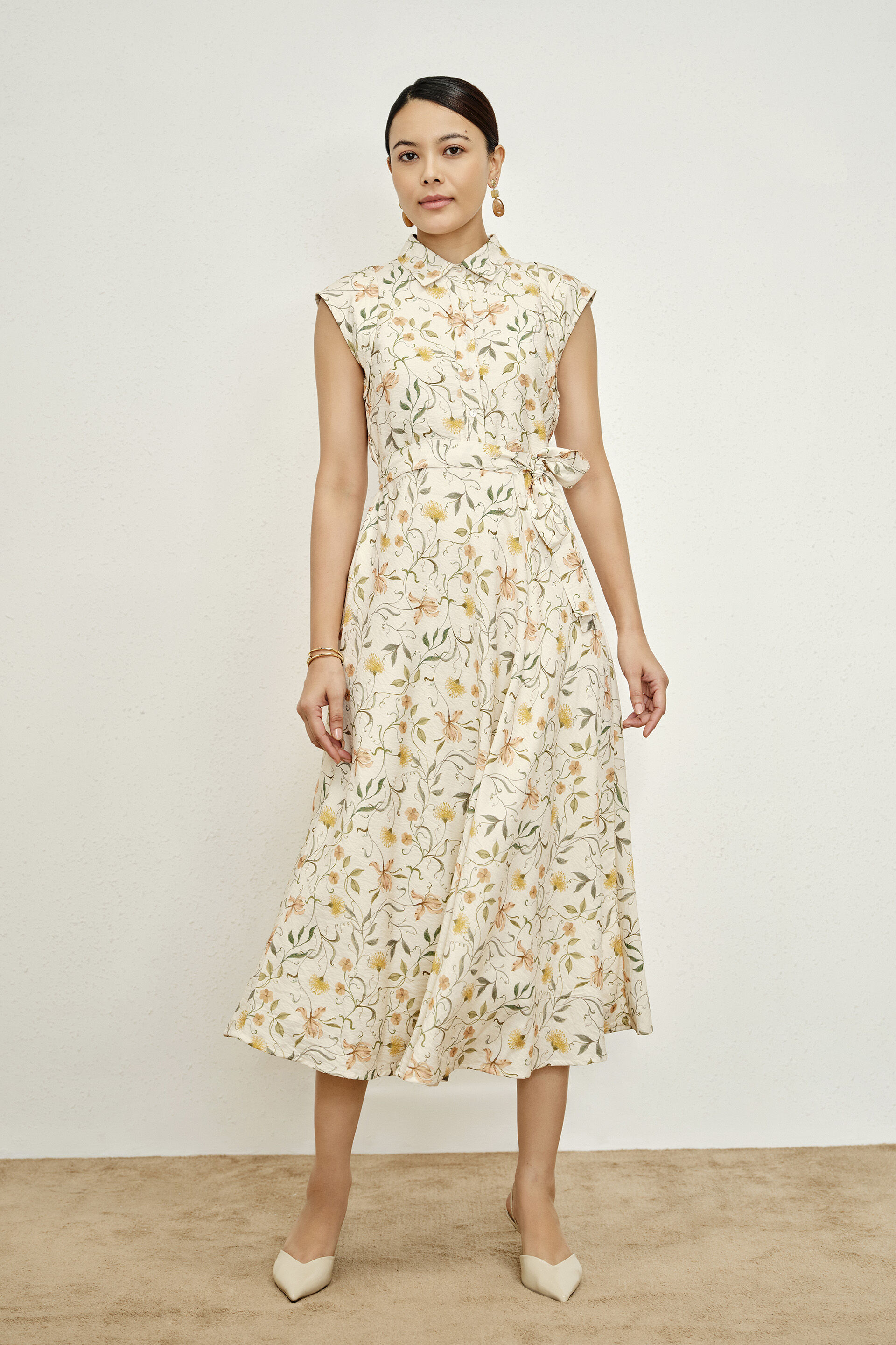April Collared Cream Dress, Green, image 1